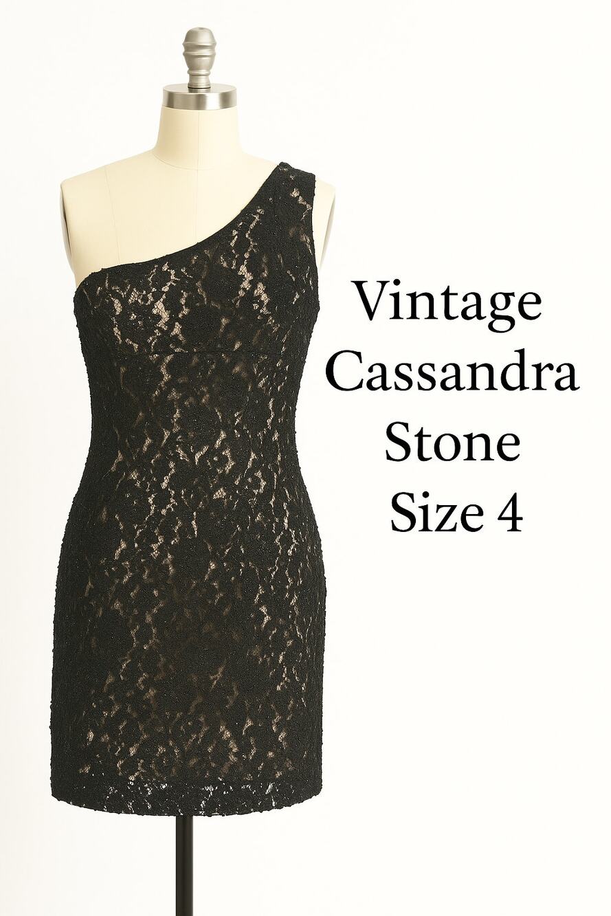 Vintage Cassandra Stone One Shoulder Beaded Lace Dress Black Cream Sz 4